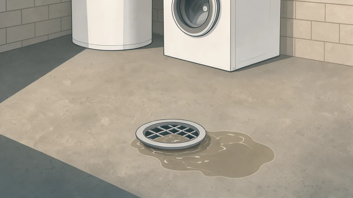 Illustration of an unfinished basement corner where murky grey-brown water wells up through a round metal floor drain grate and spreads in a shallow puddle, with a plain white water heater and washing machine against a cinder-block wall.