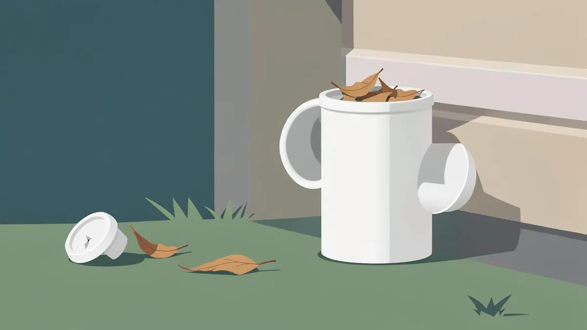 Illustration of an open white sewer cleanout pipe beside a house wall, with dry leaves at its open top and its broken cap lying on the grass.