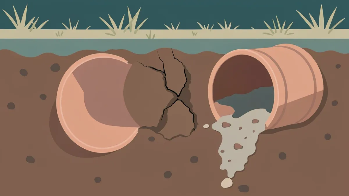 Illustration of a buried clay sewer pipe in cutaway, cracked and caved in, with soil spilling into the broken section.