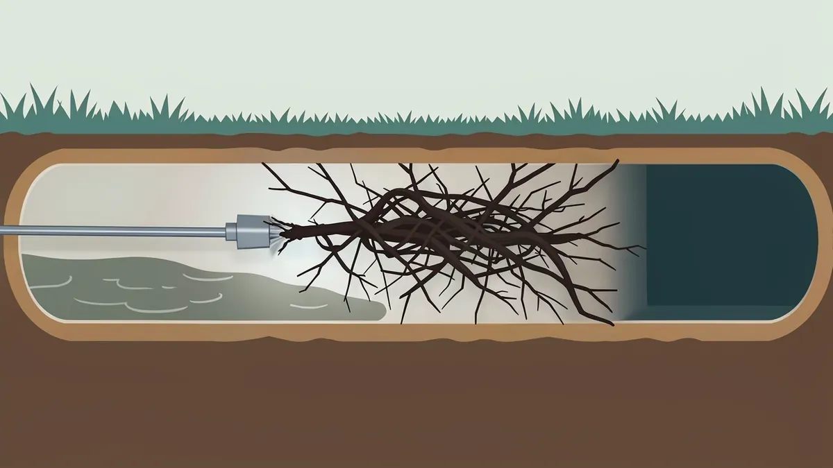 Illustration of a buried sewer pipe drawn in cutaway: the cutting head of a drain cable chews into a tangle of tree roots that blocks the pipe, with murky water backed up behind the clog and the pipe beyond it empty.