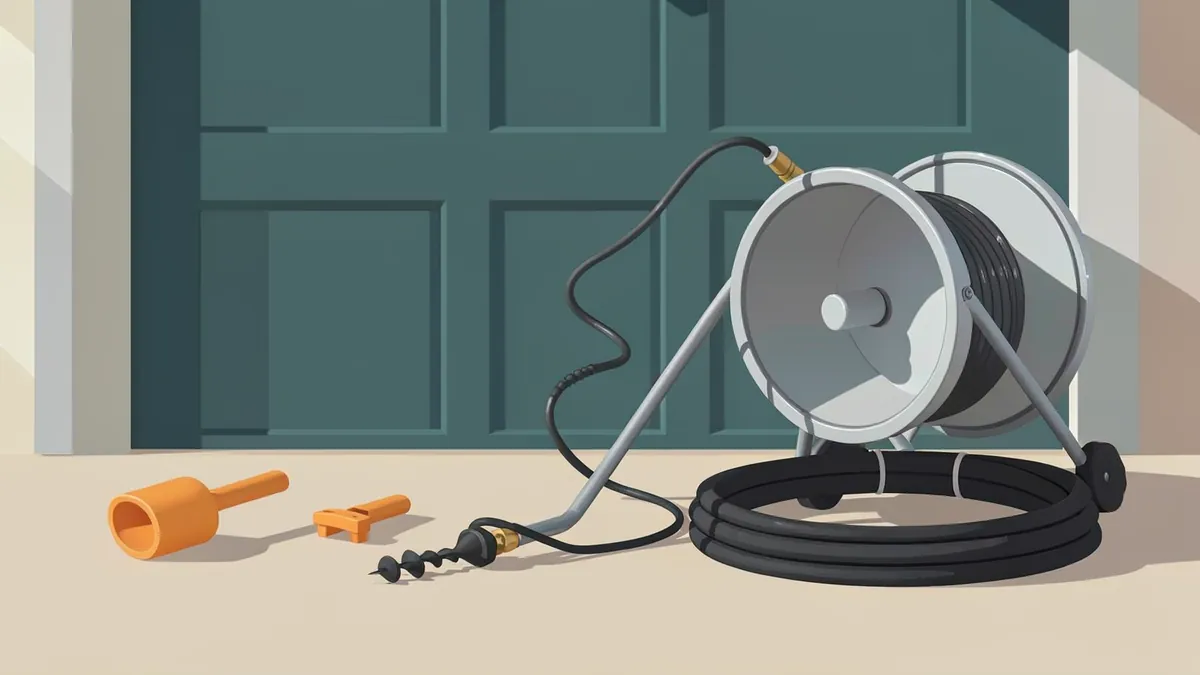 Illustration of drain cleaning tools on a garage floor: a reel machine with a coiled cable and hose, a hand drain auger and a plunger.