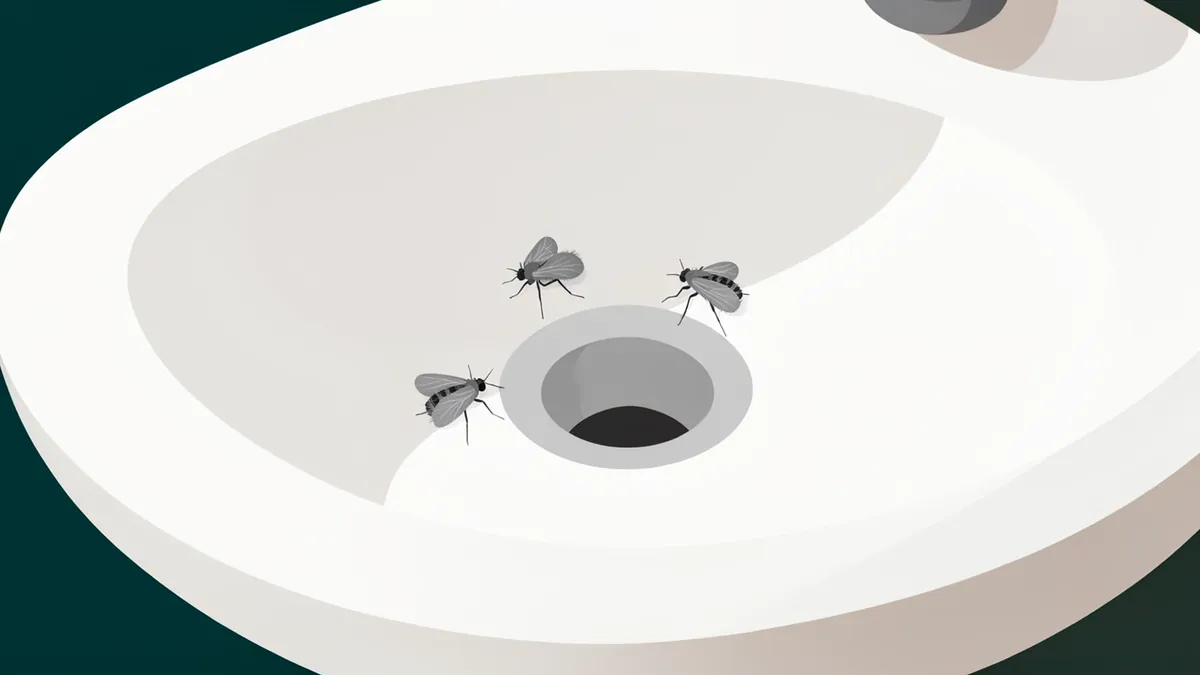 Illustration of a few small flies resting on a white bathroom sink around the drain opening.