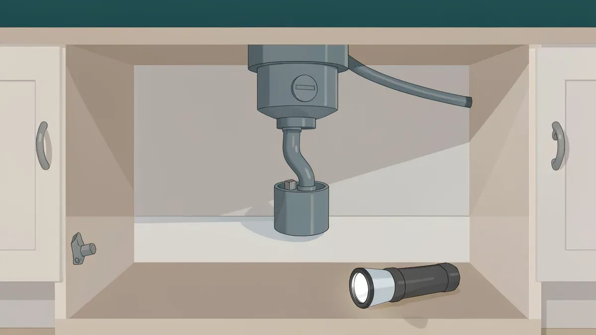 Illustration of the cabinet under a kitchen sink with a garbage disposal unit connected to the curved drain trap and a flashlight on the cabinet floor.