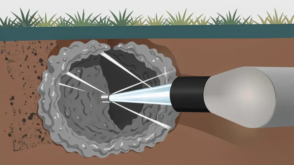 Illustration of the inside of a sewer pipe coated with a thick grey layer of grease, with a jetting nozzle on a black hose spraying high-pressure water to scour it clean.