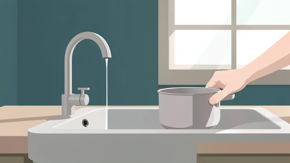 Illustration of a kitchen faucet giving only a thin trickle of water while a hand holds a pot in the sink.