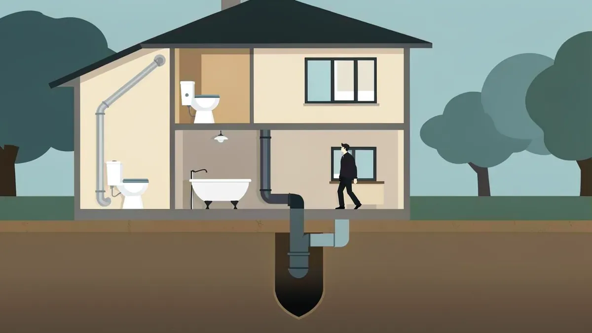 Cutaway illustration of a two-story house whose toilet, bathtub and sink drains join one main pipe running underground, with a dark blockage in that pipe below the house.