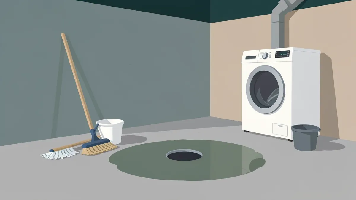 Illustration of a basement with a pool of murky water around the floor drain, a mop and buckets beside it and a washing machine against the wall.