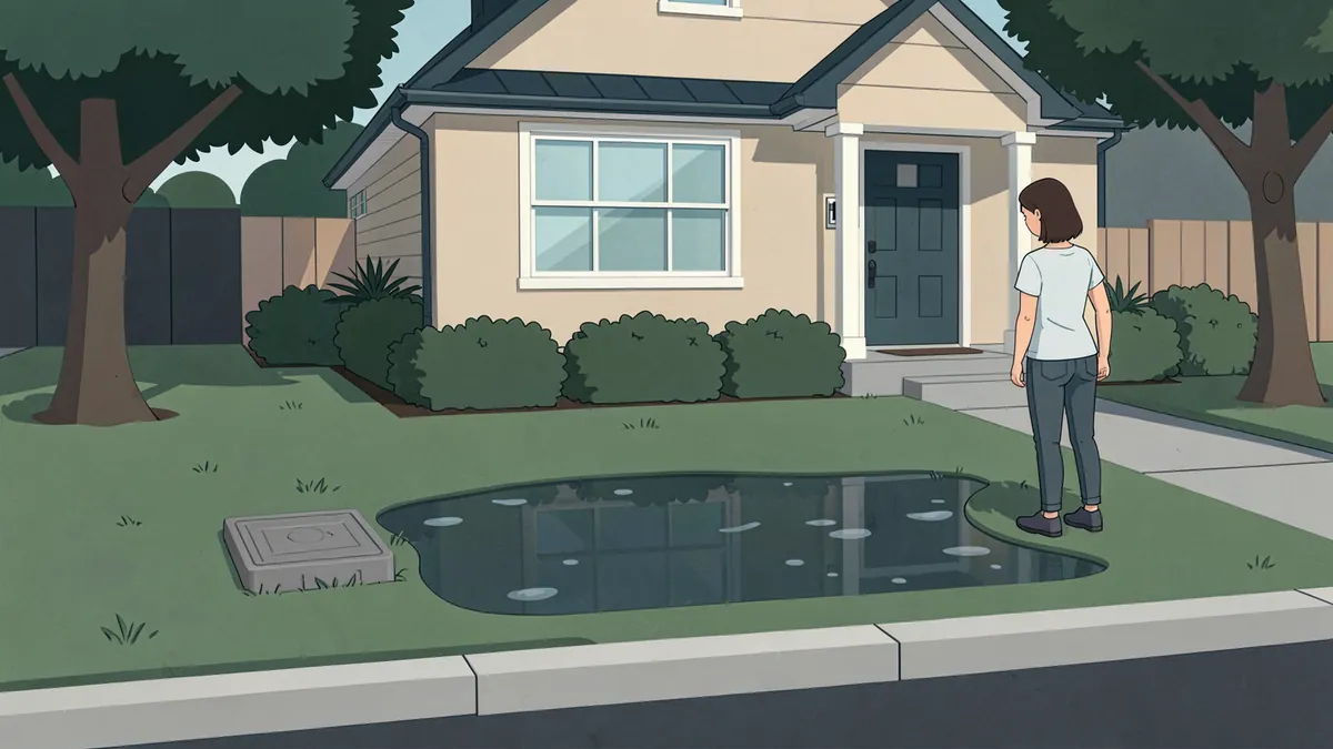 Illustration of a front lawn with a large puddle of water between the street and the house, beside a water meter box lid set in the grass near the curb, while a homeowner looks at it.