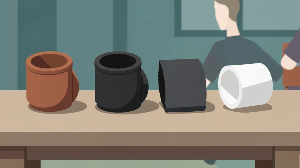 Illustration of four sewer pipe sections on a workbench: brown clay, black cast iron, a dark flattened fiber pipe and white plastic.