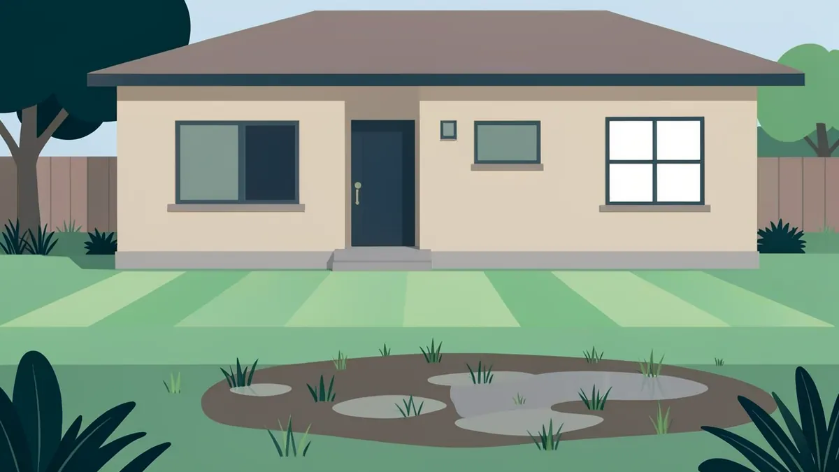 Illustration of a backyard lawn with stripes of brighter green grass and a dark, soggy patch with small puddles, a single-story house behind it.