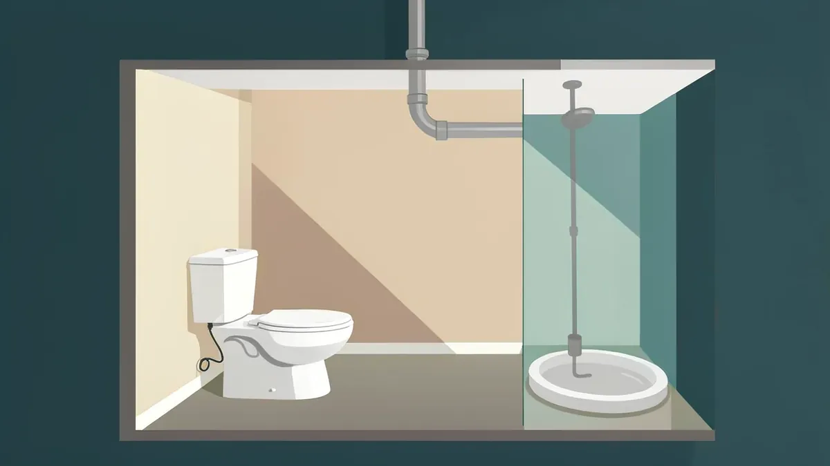 Illustration of a basement bathroom with a toilet and a shower, a drain pipe rising from the floor area toward the ceiling.