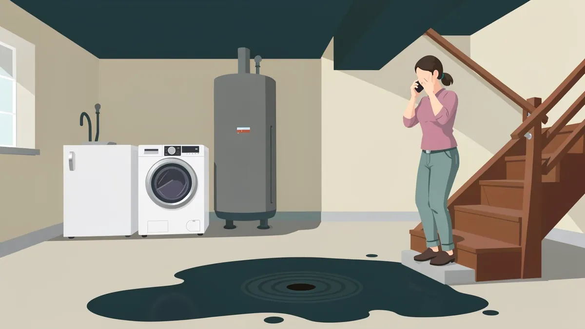 Illustration of a basement laundry room with dark water pooled around a floor drain while a homeowner stands on the stairs, well away from it, making a phone call.