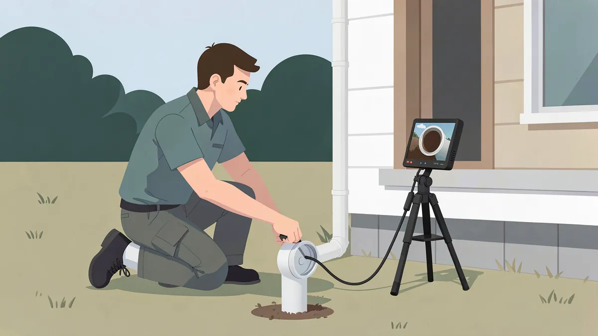 Illustration of a technician kneeling on a lawn at a small white sewer cleanout pipe, feeding a camera cable into it while a monitor on a tripod shows the inside of the pipe.