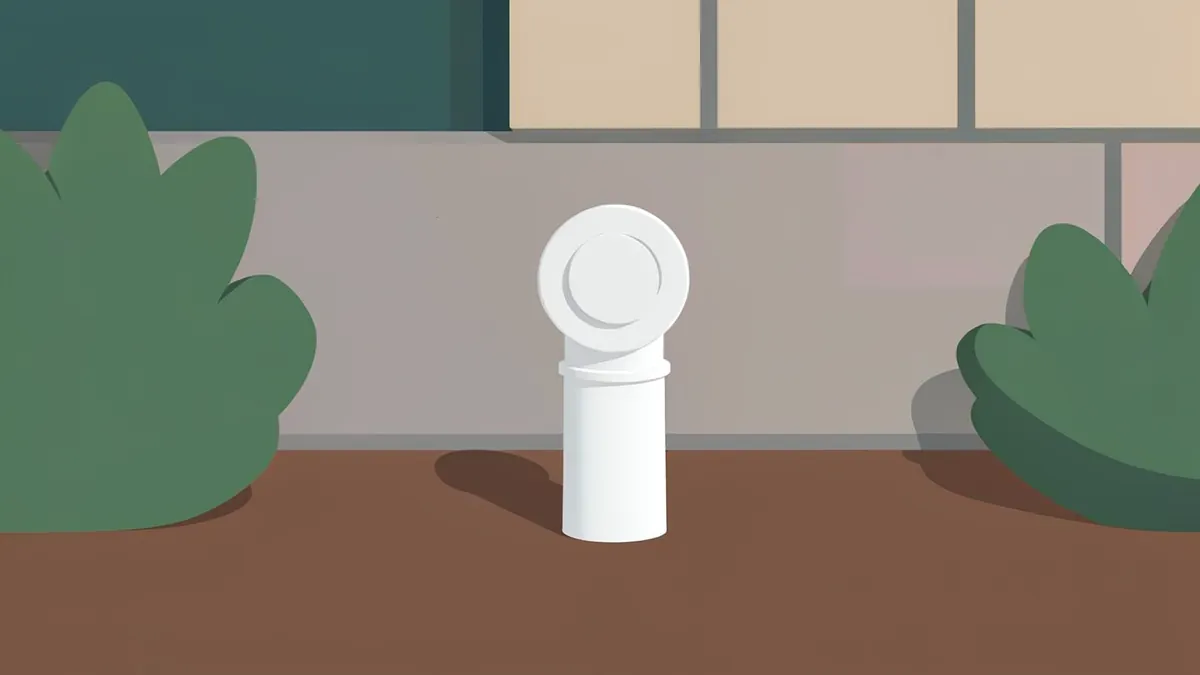 Illustration of a short white plastic pipe with a round cap standing in mulch beside the foundation of a house, between two shrubs.