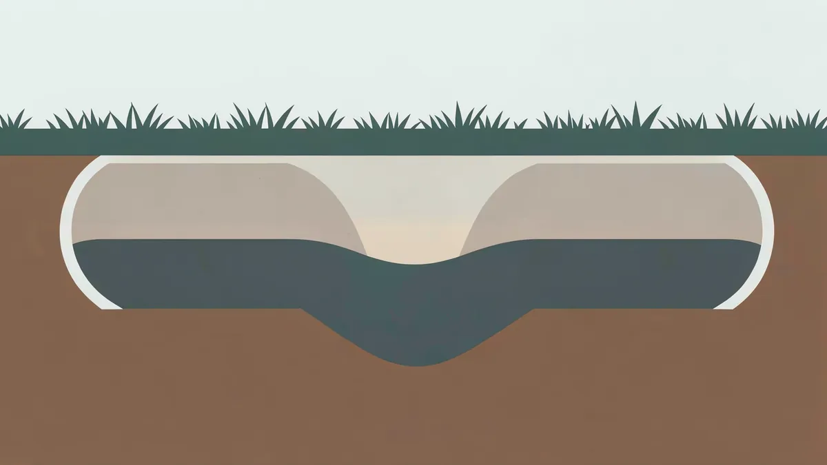Illustration of a buried sewer pipe in cutaway whose middle section sags into a dip, with dark water collecting in the low spot.