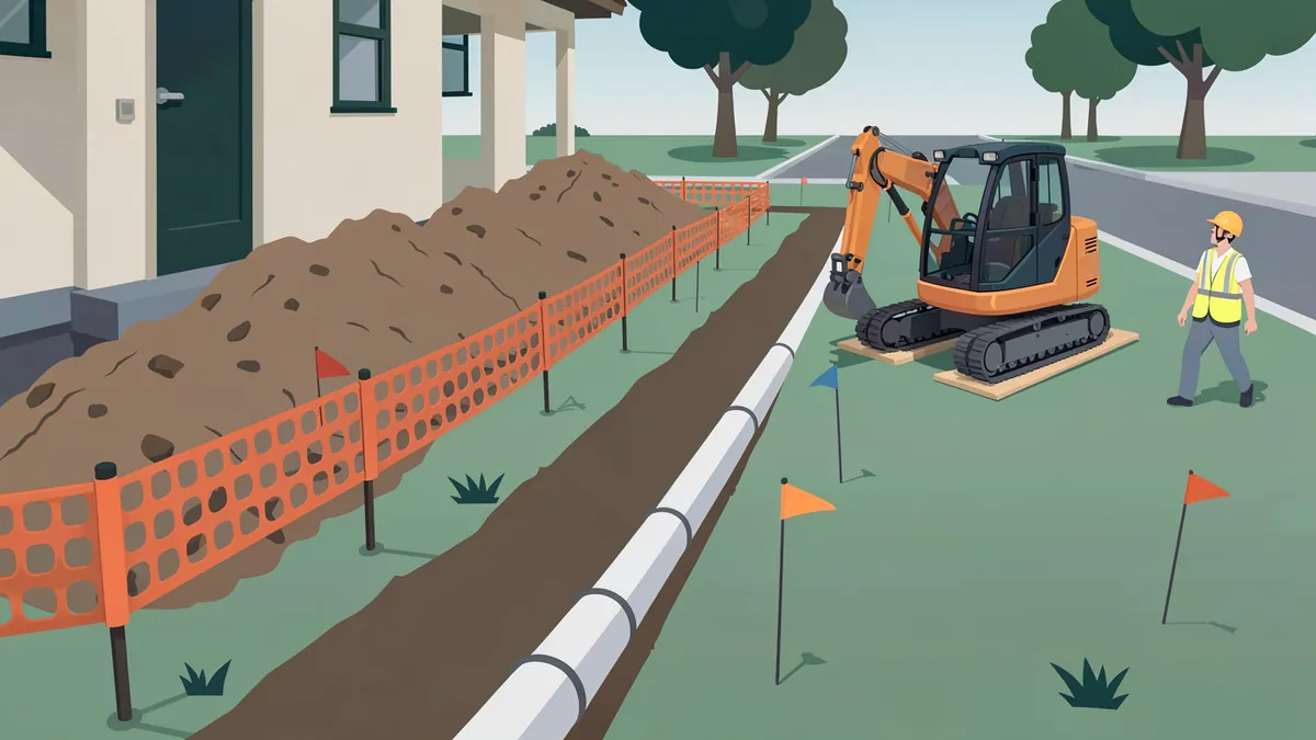 Illustration of a narrow trench dug across a front lawn, fenced with orange safety fencing, with a pile of dug soil, colored utility marking flags, a new white sewer pipe beside the trench and a small excavator on plywood boards; a worker in a hard hat stands on the grass, outside the trench.