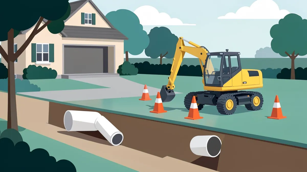Illustration of a front yard with a trench dug across the lawn, white sewer pipe sections beside it, a small excavator and orange traffic cones.