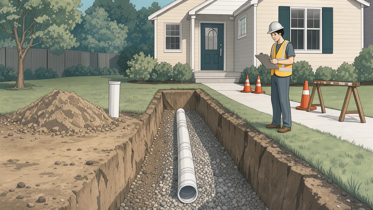 Illustration of a front yard dug open with a trench holding a new white sewer pipe on a gravel bed, a pile of soil and a white cleanout riser, while an inspector in a hard hat and safety vest reads a clipboard on the walkway next to orange cones and a sawhorse barricade.