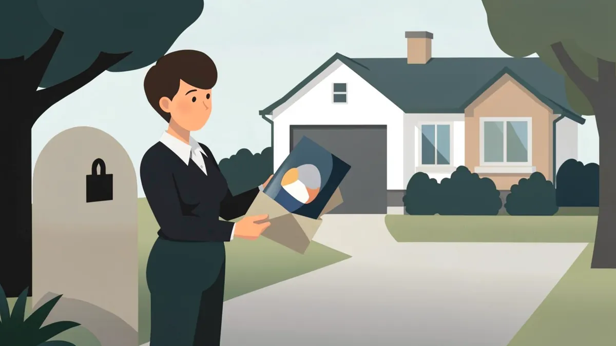 Illustration of a homeowner beside a mailbox at the end of a driveway, looking at a mailed brochure, a house in the background.