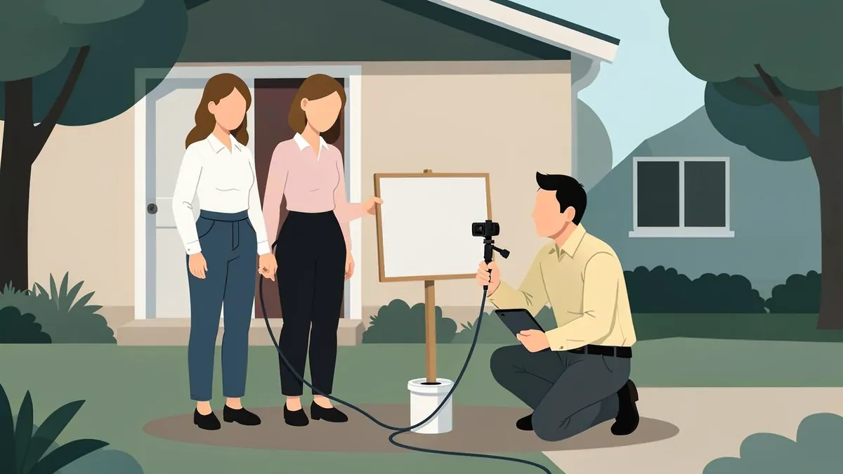 Illustration of two home buyers watching an inspector kneel at a sewer cleanout with a camera cable and a tablet, a blank yard sign beside them.