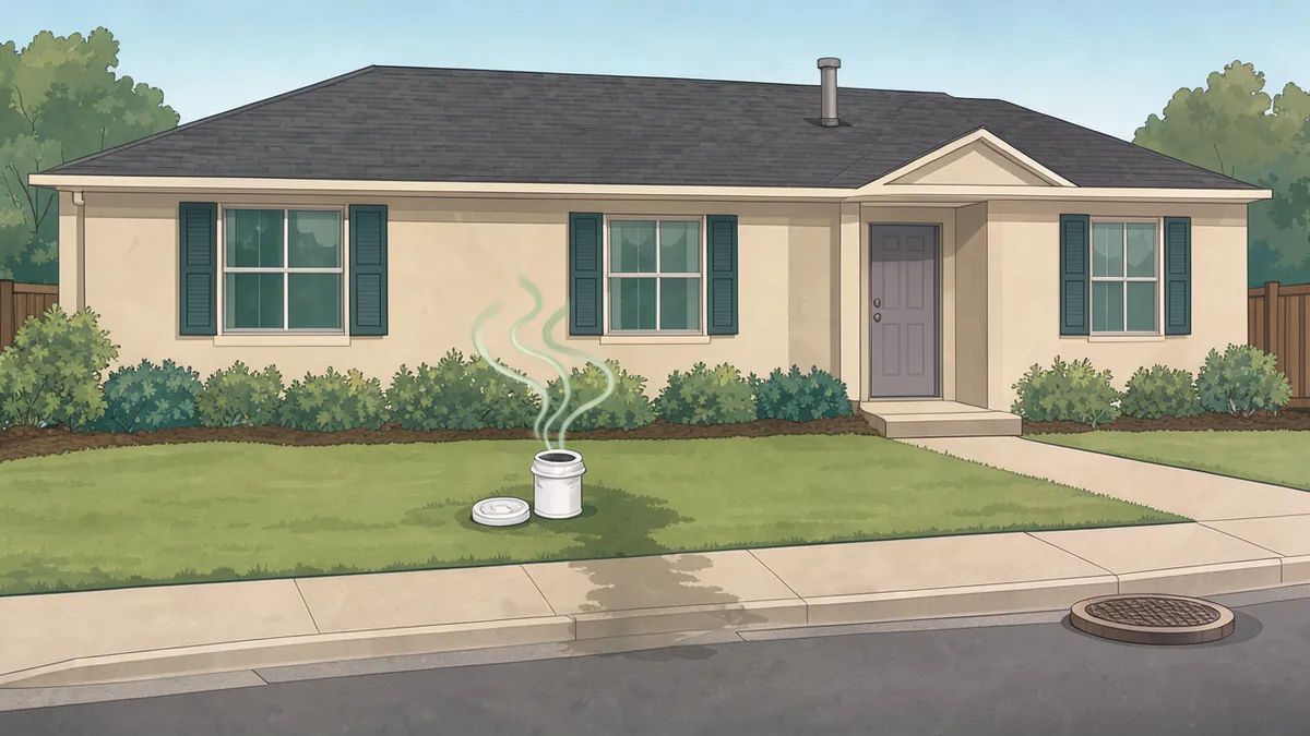 Illustration of a one-story house and its front lawn in daylight: a short white cleanout pipe stands open in the grass with its round cap lying beside it and faint green wavy lines rising from it, a darker damp patch spreads from the cleanout across the sidewalk to the curb, a plain vent pipe sticks up from the roof, and a round manhole cover sits in the street by the curb.