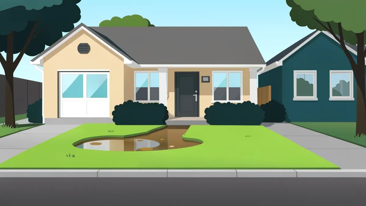 Illustration of a front lawn with a soggy, water-filled patch in the bright green grass between the house and the street.
