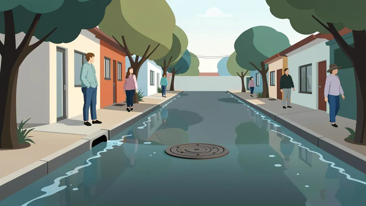 Illustration of a neighborhood street after rain with water running along the curbs and a round sewer manhole cover in the middle of the road.