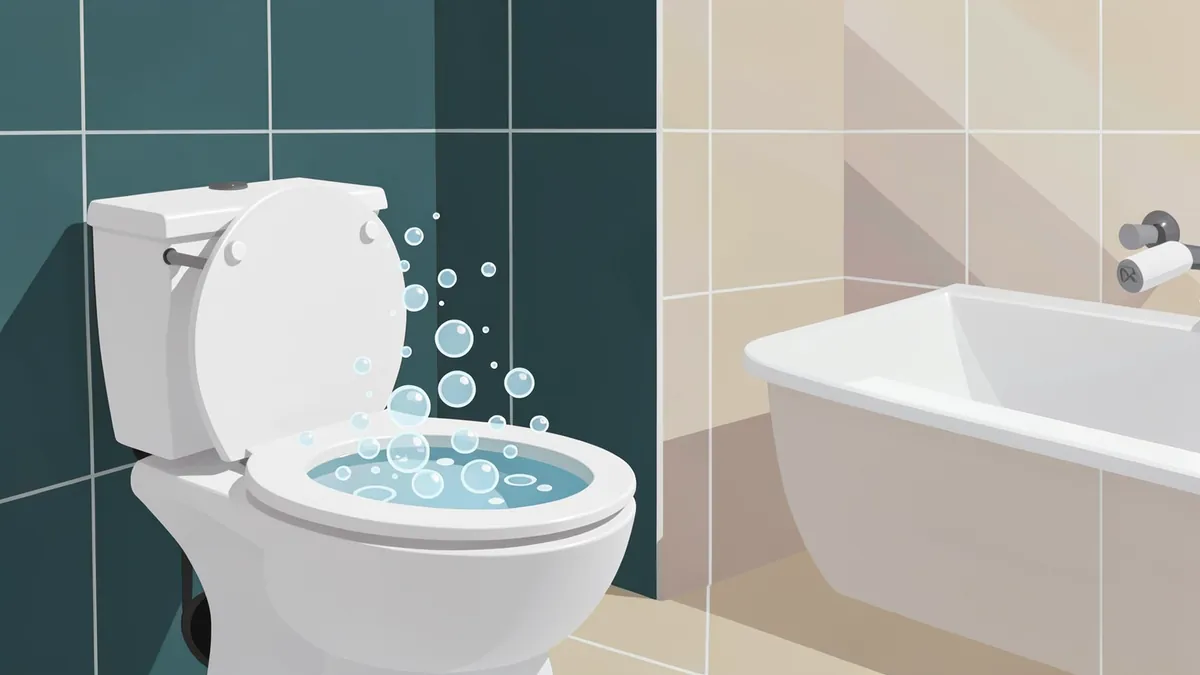 Illustration of a white toilet with bubbles rising from the water in its bowl, a bathtub in the background.