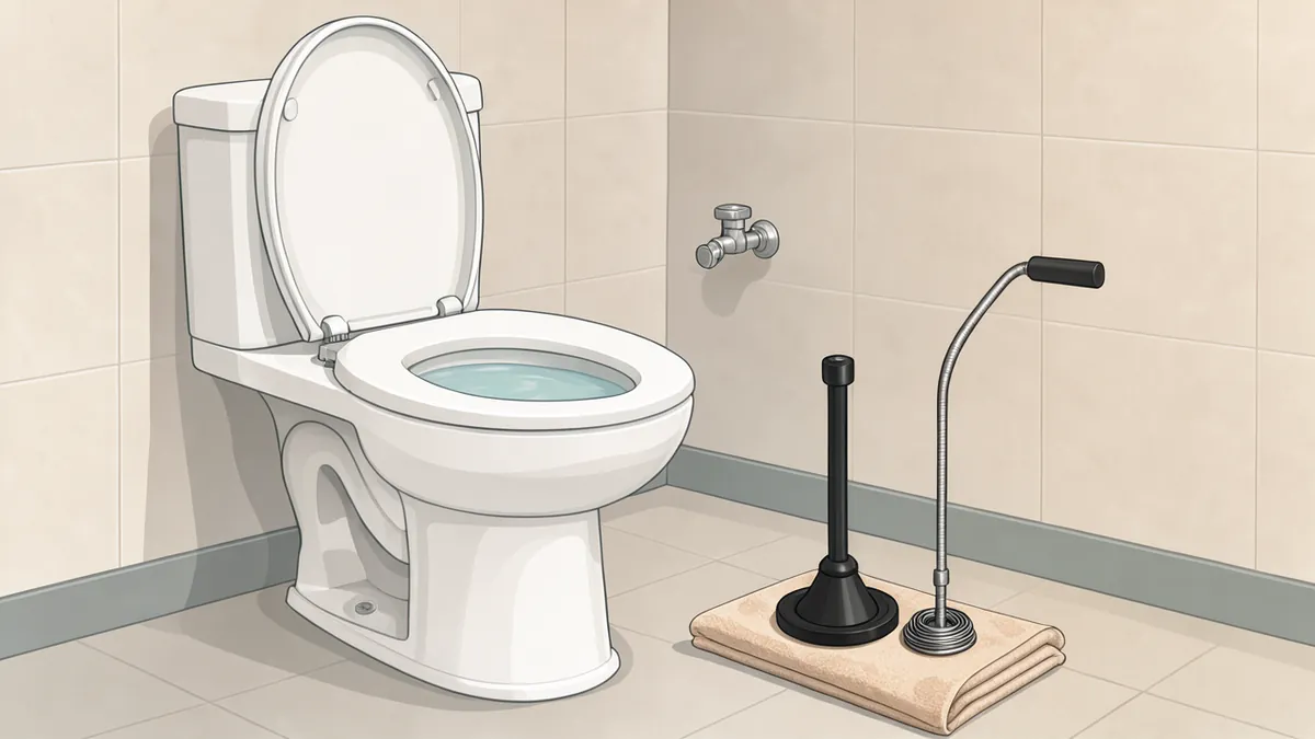 Illustration of a bright bathroom: a white two-piece toilet with its lid up and clear water in the bowl stands against a beige tiled wall with a small chrome shut-off valve, and beside it a black flange plunger and a toilet auger with a crank handle and a coiled steel cable stand on a folded towel on the floor.
