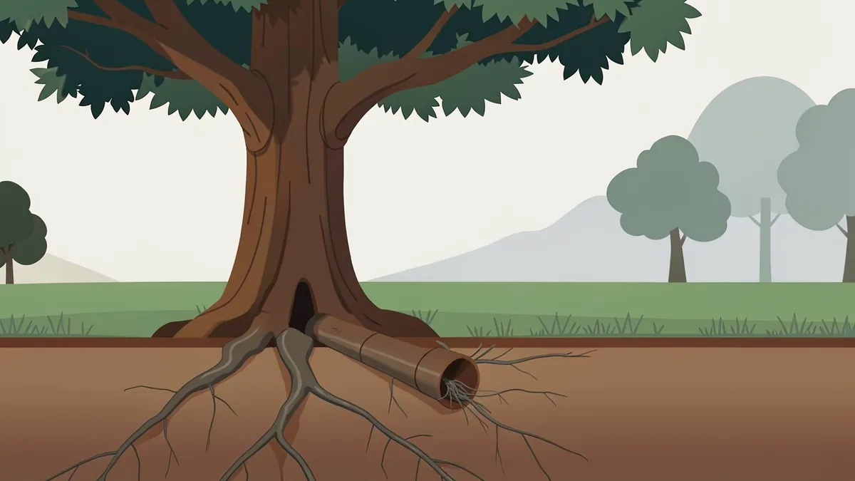 Cutaway illustration of a large tree whose roots reach underground into the open joint of a buried clay sewer pipe.