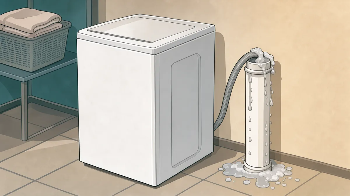 Illustration of a laundry room: a white top-loading washing machine against a beige wall with its grey drain hose looped into a white standpipe behind it; soapy water overflows from the top of the standpipe and pools on the tiled floor, and a basket of folded towels sits on a shelf at the left.