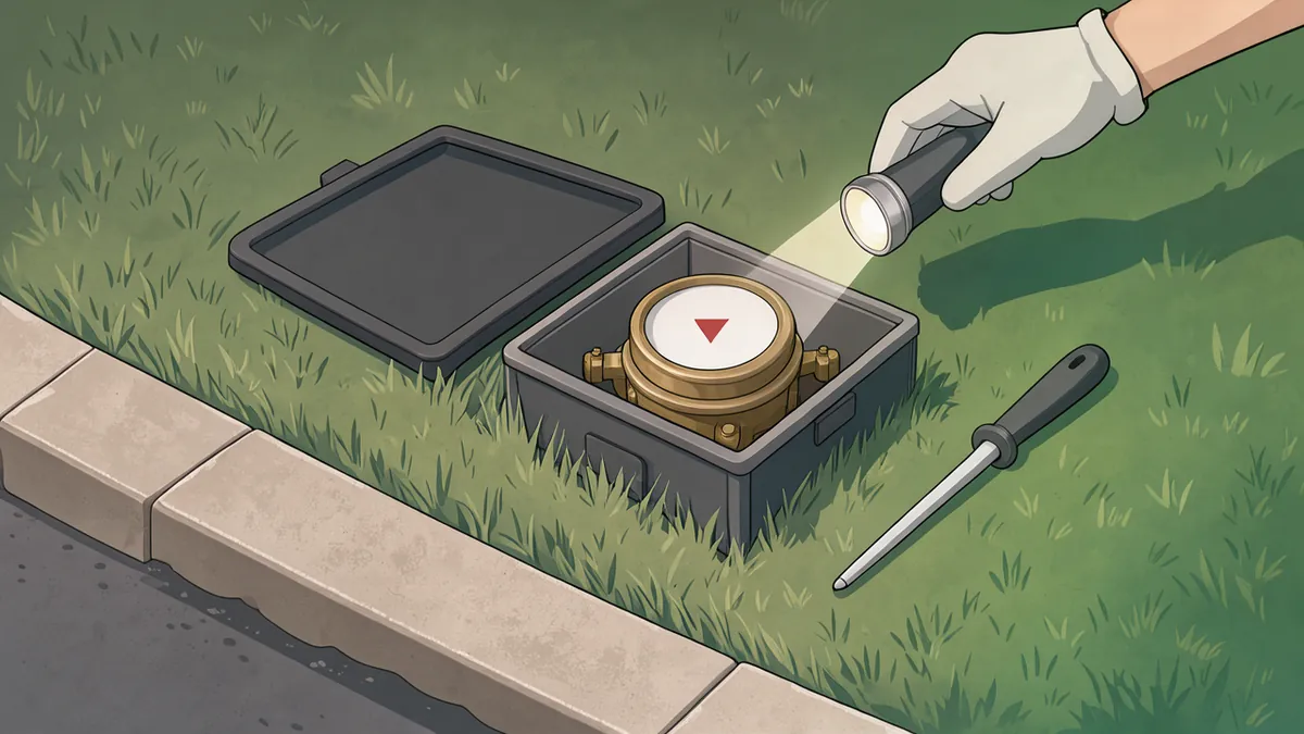 Illustration of a curbside water meter box set in a lawn: the dark plastic lid lies on the grass beside the open box, and a gloved hand shines a flashlight onto a brass water meter with a blank white face and a small red triangle; a long screwdriver lies in the grass by the curb.