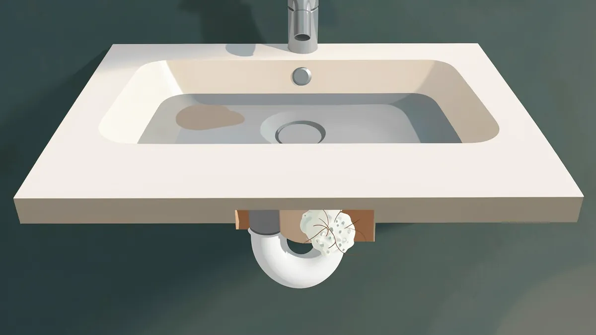 Illustration of a bathroom sink holding standing water, with a clump of hair and soap scum caught in the curved trap pipe below it.
