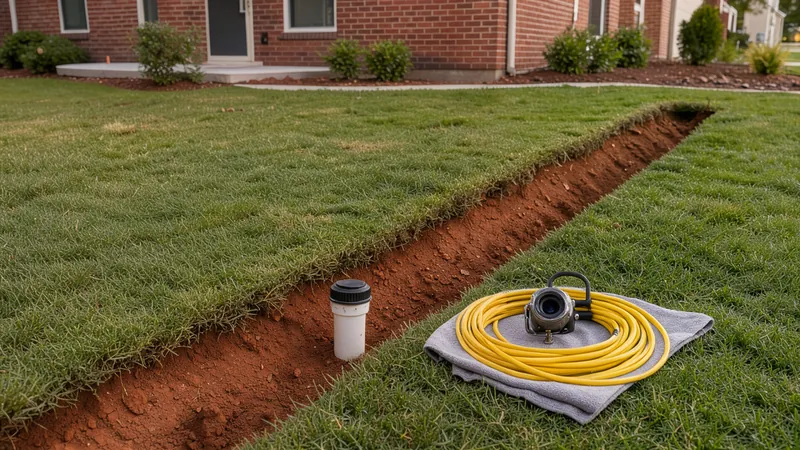 A new white sewer cleanout pipe with a black cap in an open trench of red clay beside a lawn, with a sewer camera and its yellow push cable on a grey cloth next to it