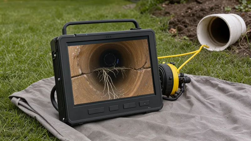 A sewer inspection monitor on a canvas cloth in a yard, its screen showing tree roots growing through a crack in an old clay pipe