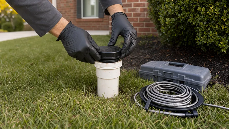 Gloved hands lifting the black cap off a white sewer cleanout pipe in a front lawn, with a grey tool case and a coiled drain cable beside it
