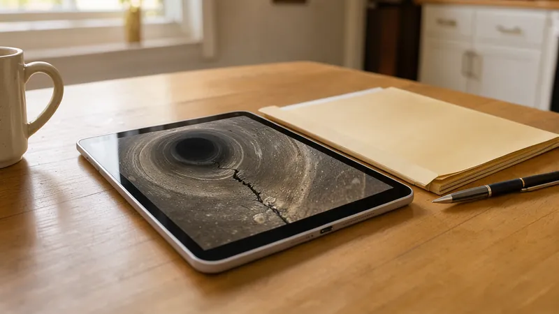 A tablet on a kitchen table showing a crack inside a sewer pipe, next to a manila folder and a pen